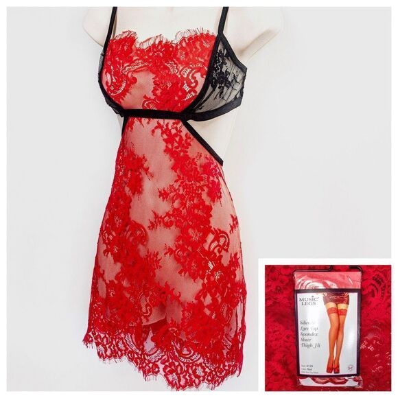 Lacey Red Sweetheart Chemise & Sheer Thigh Highs Sz L - Picture 1 of 14